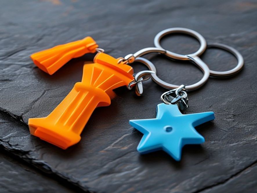 Colorful custom 3D-printed keychains and name tags on a dark background