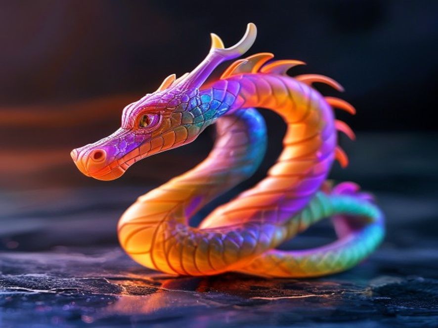Articulated rainbow 3D-printed flexi dragon toy coiled on a slate surface