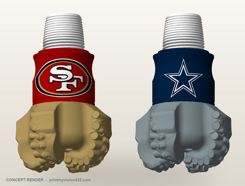 Concept renders of 3D-printed PDC drill bit desk models with the San Francisco 49ers and Dallas Cowboys logos on the band
