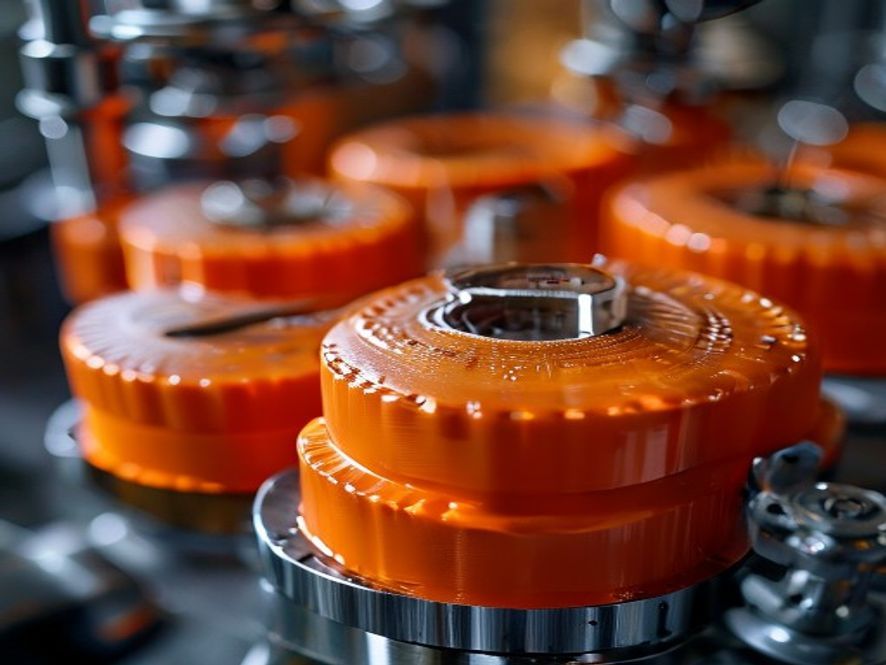 3D-printed protective caps covering pressure gauges on an oilfield valve assembly