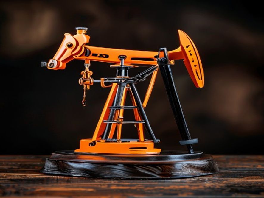 3D-printed pump jack desk model award on a wood base with brass nameplate