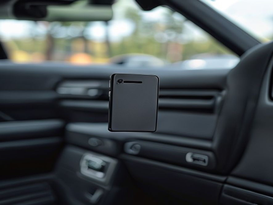 Black 3D-printed phone mount clipped to a pickup truck dash vent