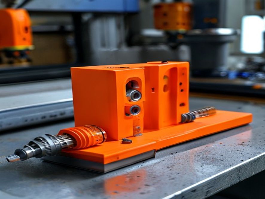 Orange 3D-printed drill guide fixture clamped to steel plate on a machine shop bench